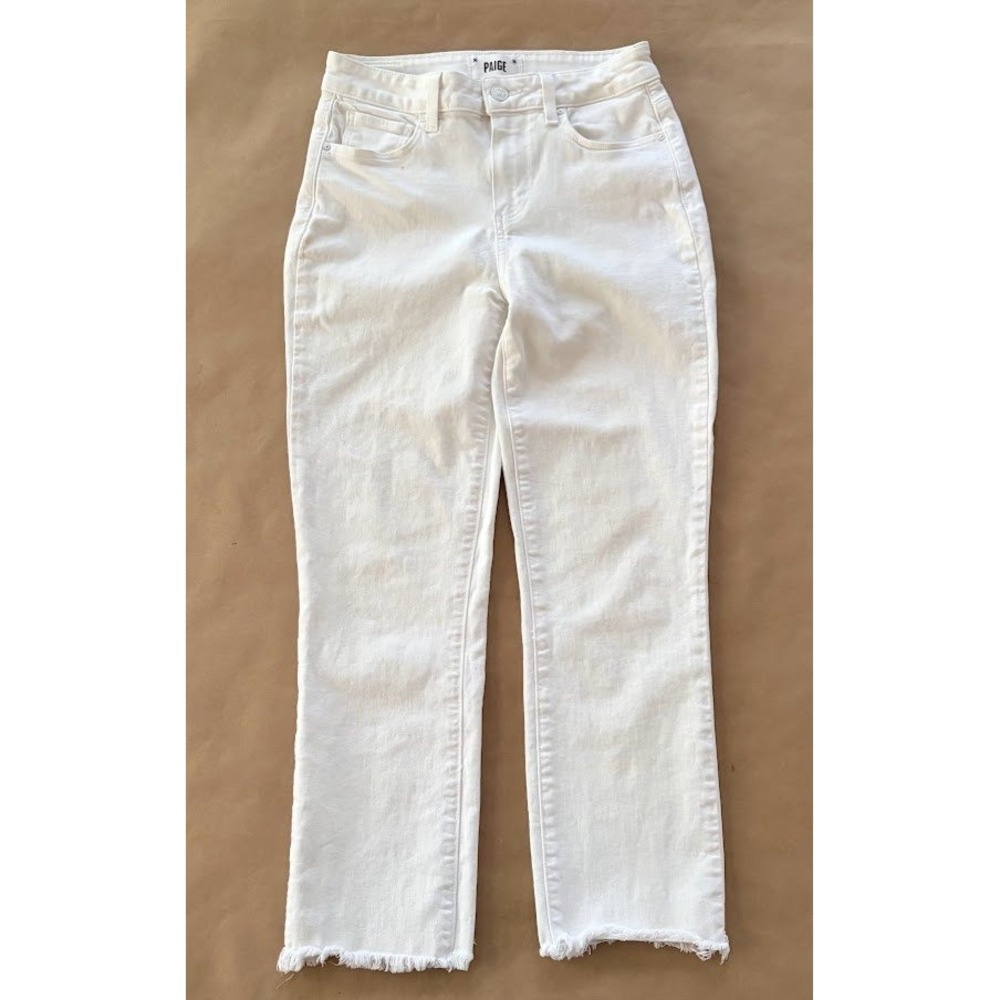 Paige Cindy Crop High Rise Straight Leg Jeans White Raw Hem Sz 26 Coastal Summer
